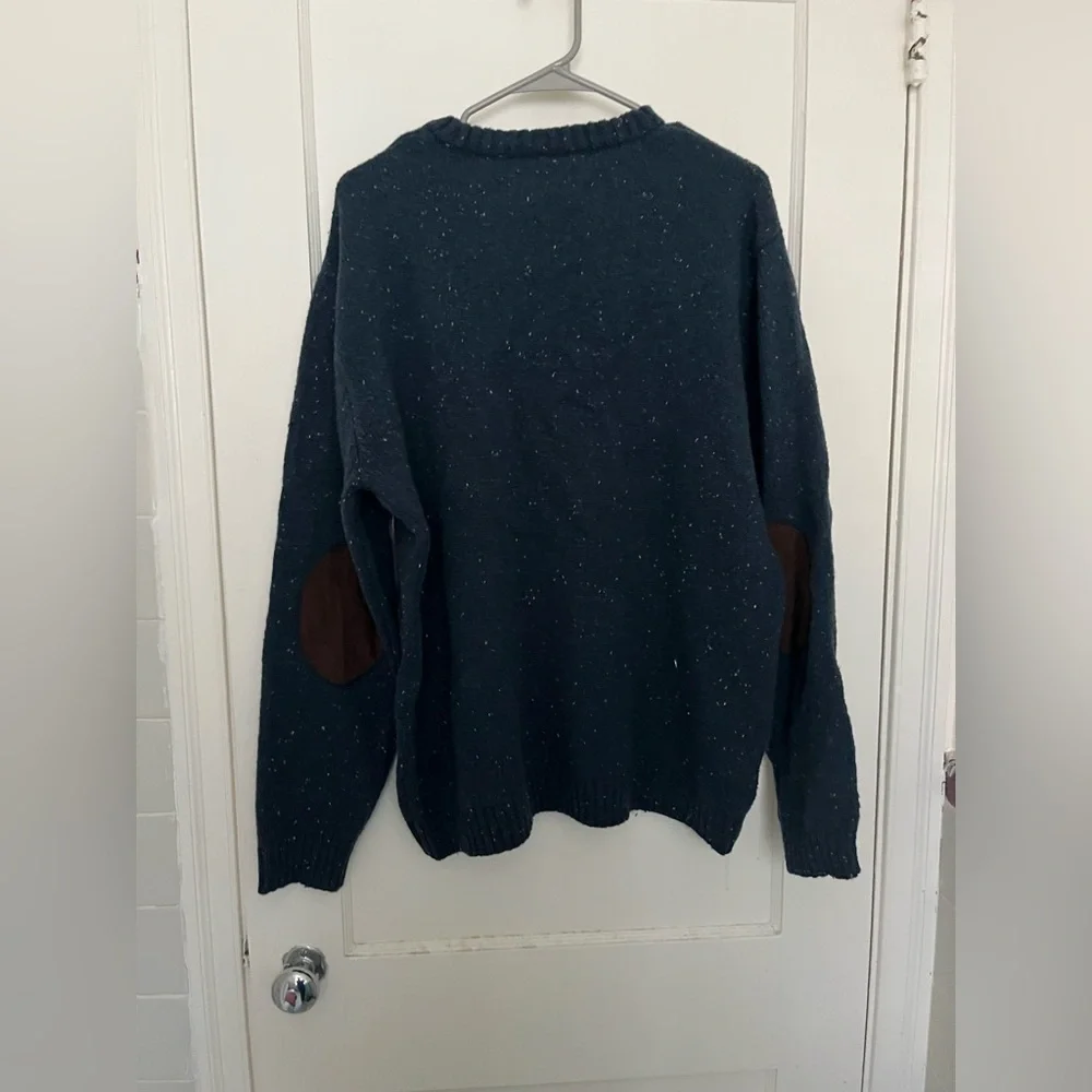 Line of Trade Blue Chunky Knit Corduroy Patch Wool Blend Sweater - Picture 4 of 6